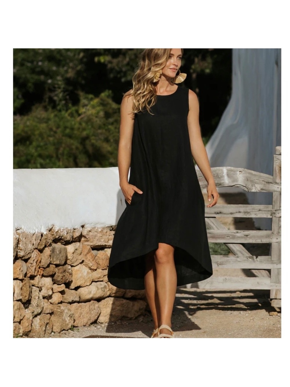 Magic Linen Royal TOSCANA Black Sleeveless Relaxed Dress Lagenlook Minimalist L